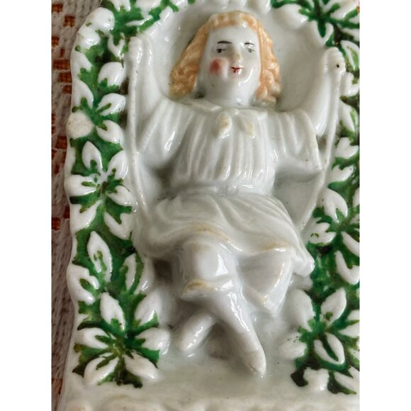 Antique German Porcelain Figurine Of Girl On Swing In Floral Arch - Picture 7 of 9